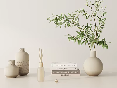Neutral Tone Decorative Ornament Set With Ceramic Vases Reed Diffuser Books And Green Leaves 3d model