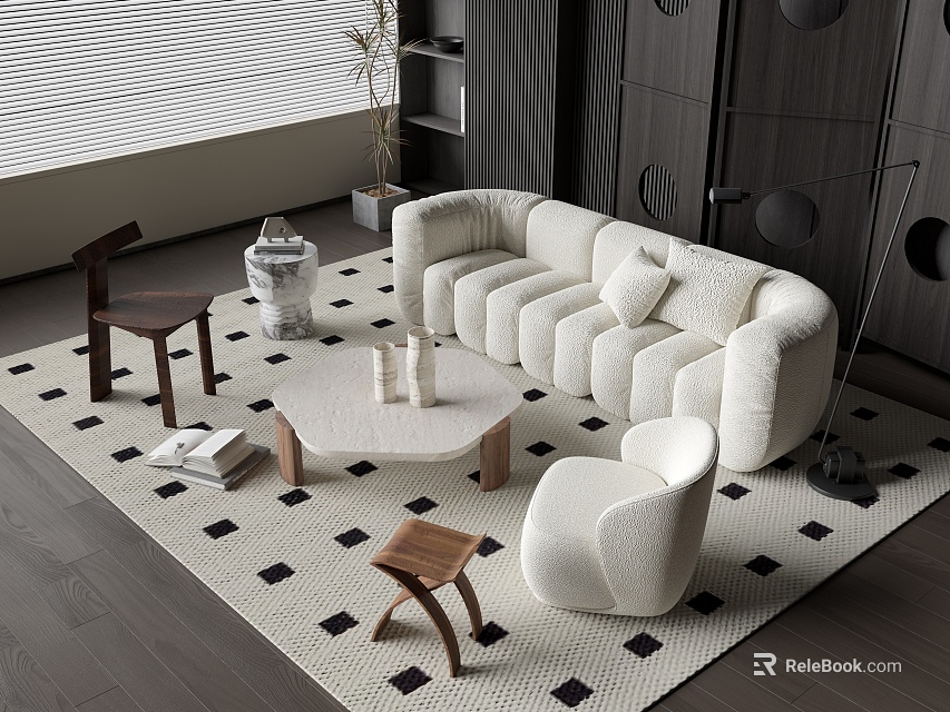 Modern White Sofa and Coffee Table Set With Black White Checkered Rug and Accent Chair 3d model 