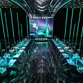 Futuristic Banquet Hall With Long Dining Tables Chairs Large Screen Projection And Teal Lighting