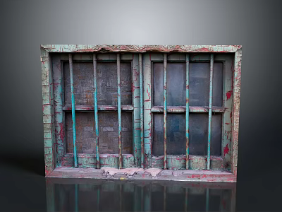 Vintage Rusted Window Frame With Weathered Green Red Patina And Iron Bars 3d model