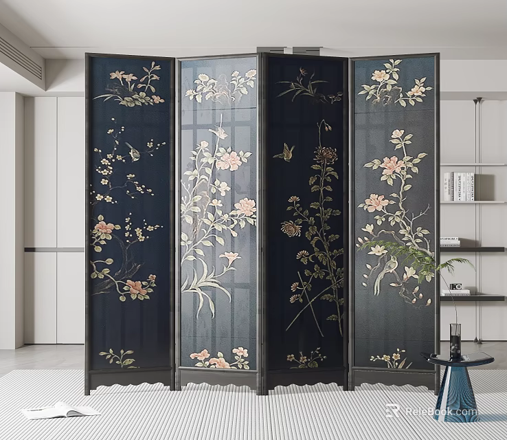 Chinese Style Folding Screen With Floral And Bird Patterns In Modern Interior 3d model