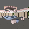 Modern SPA Sauna Lounge With Arched Doors Colored Sofas Green Plants And Chandelier