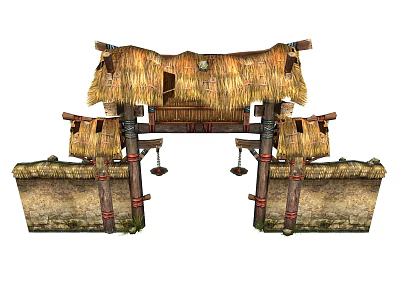 Rustic Entrance Gate with Thatched Roof Wooden Supports and Stone Side Walls 3d model