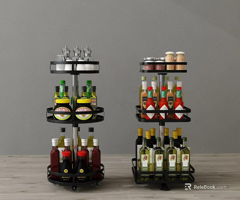 Rotating Black Metal Spice Rack With Multiple Layers For Kitchen Condiments And Bottles 3d model