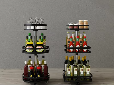 Rotating Black Metal Spice Rack With Multiple Layers For Kitchen Condiments And Bottles 3d model