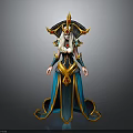Fantasy Character In Ornate Gold And Blue Costume With Horned Headdress Long Hair