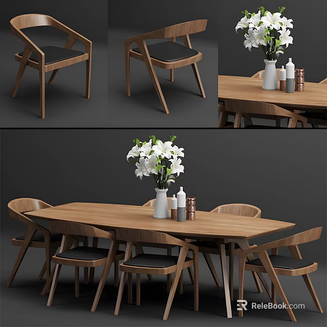 Modern Wooden Dining Table Set with Upholstered Chairs and Decorative Vases 3d model 