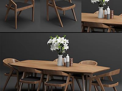 Modern Wooden Dining Table Set with Upholstered Chairs and Decorative Vases 3d model