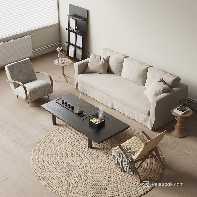 Light Beige Sofa And Black Coffee Table Set In Living Room With Armchairs And Rug 3d model 