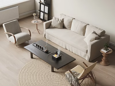 Light Beige Sofa And Black Coffee Table Set In Living Room With Armchairs And Rug 3d model