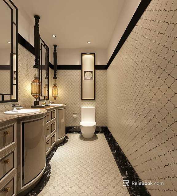Vintage Stylish Bathroom With Dual Sink Vanity And Exquisite Pattern Tile Interior Design 3d model 