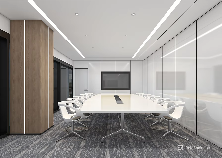 Modern Conference Room Interior With Long Table White Chairs And Large Screen 3d model