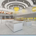 Modern Bright Dessert Shop in Shopping Area With Cashier Counters Display Cases and Colorful Decorations