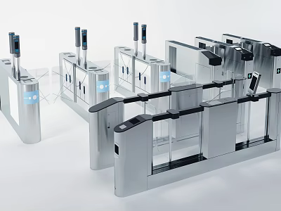 Modern Public Facility Access Control Turnstiles With Metal Frame And Transparent Barriers 3d model