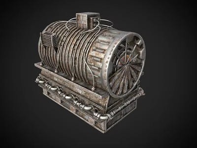 Vintage Industrial Metal Cylindrical Equipment With Rusted Pipes And Brackets 3d model