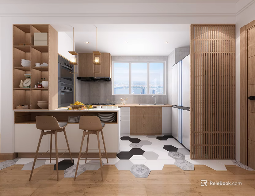 Modern Kitchen Interior With Wooden Cabinets Island Bar Stools And Hexagonal Floor Tiles 3d model 