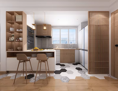 Modern Kitchen Interior With Wooden Cabinets Island Bar Stools And Hexagonal Floor Tiles 3d model