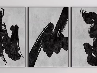 Three Black And White Abstract Paintings With Black Brush Strokes On Gray Background Wall Decor 3d model