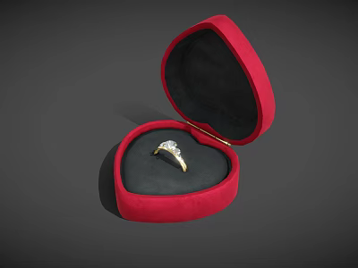 Elegant Gold Diamond Ring in Open Red Heart Shaped Jewelry Box 3d model