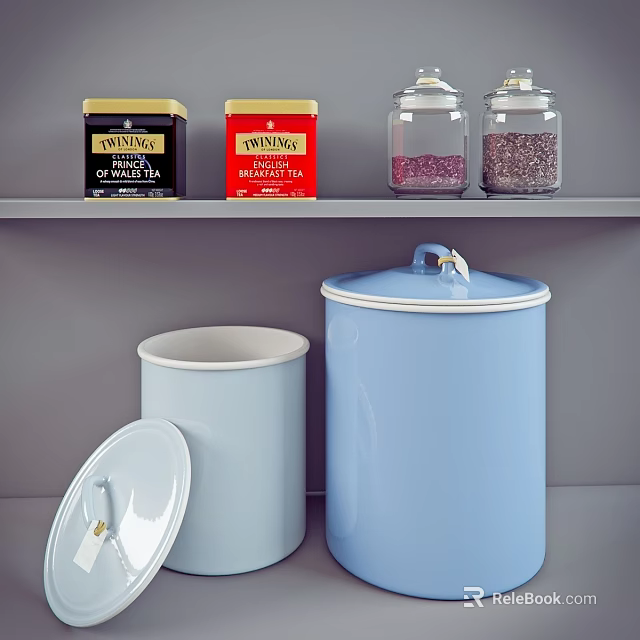 Kitchen Storage Jars And Lidded Canisters On Shelf With Preserves And Grains 3d model 