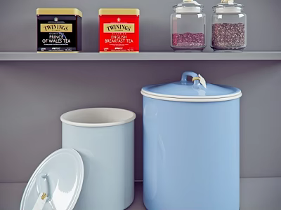 Kitchen Storage Jars And Lidded Canisters On Shelf With Preserves And Grains 3d model