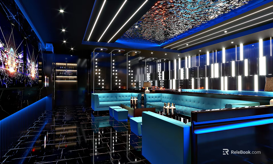 Modern KTV Lounge Interior With Blue Sofas Black Flooring And Decorative Ceiling Lights 3d model 
