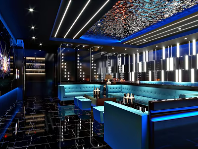 Modern KTV Lounge Interior With Blue Sofas Black Flooring And Decorative Ceiling Lights 3d model