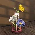 Floral Display with Pink Hexagonal Vase Yellow White Blue Flowers Green Leaves on Wooden Floor Shadow Effects