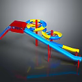 Colorful Playground Equipment With Blue Yellow Spiral Slides Red Platform And Stairs