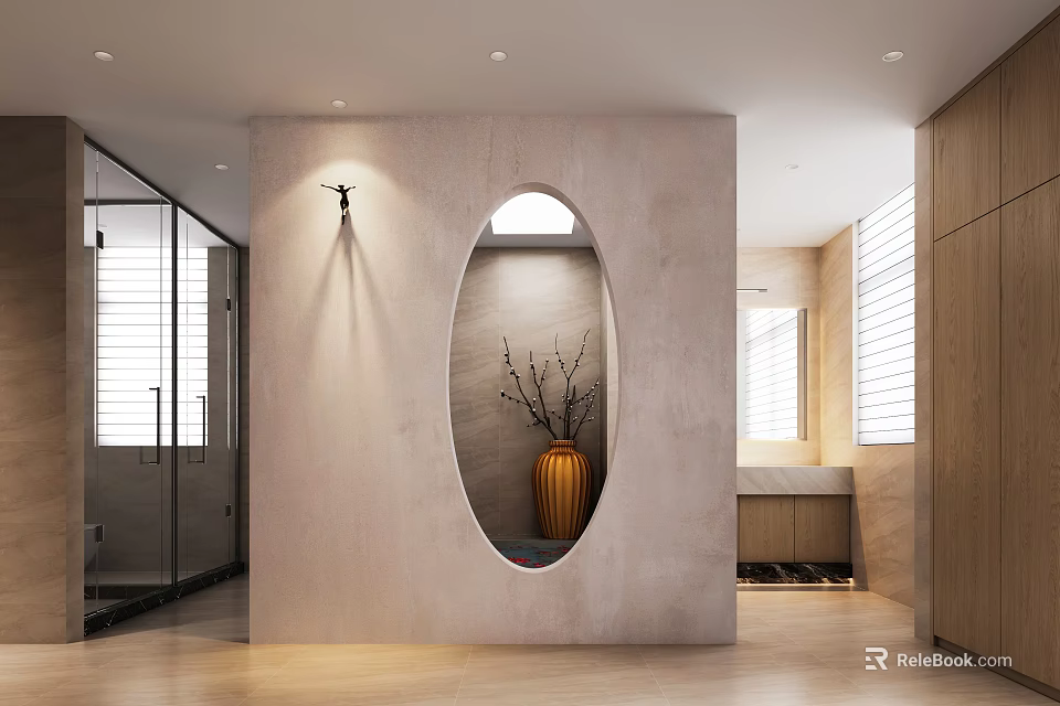 Modern Bathroom Interior Design With Oval Mirror Vase Textured Wall And Wood Cabinets 3d model 