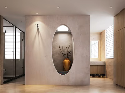Modern Bathroom Interior Design With Oval Mirror Vase Textured Wall And Wood Cabinets 3d model
