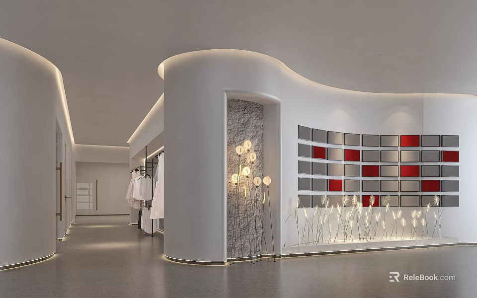 Modern Luxury Clothing Store Interior With Curved White Columns Red Grid Shelves And Decorative Lights 3d model 