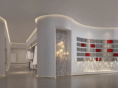 Modern Luxury Clothing Store Interior With Curved White Columns Red Grid Shelves And Decorative Lights 3d model