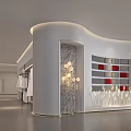 Modern Luxury Clothing Store Interior With Curved White Columns Red Grid Shelves And Decorative Lights
