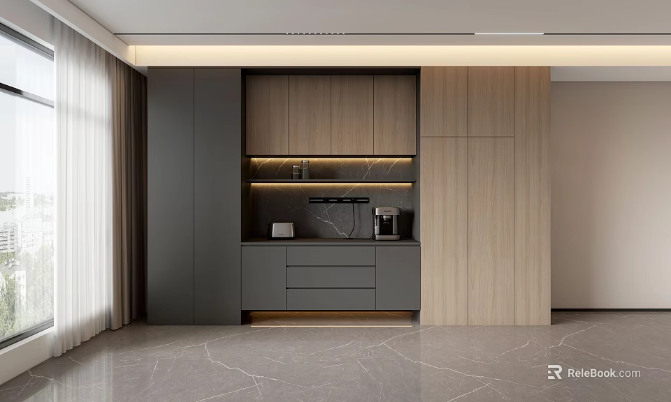 Modern Sideboard With Gray And Wooden Finish LED Lighting Drawers And Open Shelves 3d model 