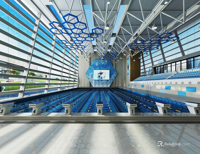 Spacious Indoor Swimming Pool With Glass Walls Blue Hexagonal Ceiling And Swim Lanes 3d model 