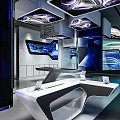 Modern Futuristic Retail Store Interior With Glass Display And Spiral Lighting Elements
