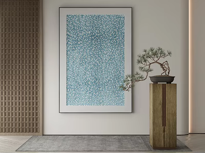Abstract Painting on White Wall with Wooden Pedestal Pine Bonsai Lattice Decor and Gray Carpet 3d model
