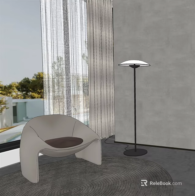 Modern Leisure Chair With White Frame Dark Brown Cushion Near Floor Lamp By Window Trees 3d model 