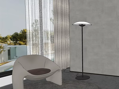 Modern Leisure Chair With White Frame Dark Brown Cushion Near Floor Lamp By Window Trees 3d model