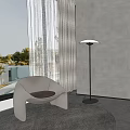 Modern Leisure Chair With White Frame Dark Brown Cushion Near Floor Lamp By Window Trees