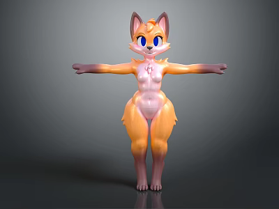 Anthropomorphic Fox 3D Model With Orange Fur Blue Eyes Standing Pose Arms Outstretched 3d model