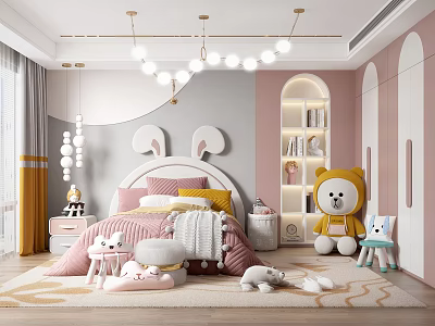 Kids Room Interior With Bunny Ear Headboard Pink Gray Decor Stuffed Toys And Bookshelf 3d model