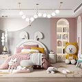 Kids Room Interior With Bunny Ear Headboard Pink Gray Decor Stuffed Toys And Bookshelf