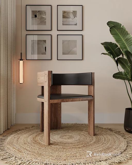 Modern Wooden Dining Chair With Black Seat Near Wall Art And Green Plant 3d model 