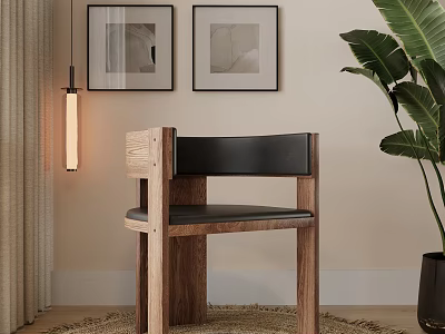 Modern Wooden Dining Chair With Black Seat Near Wall Art And Green Plant 3d model