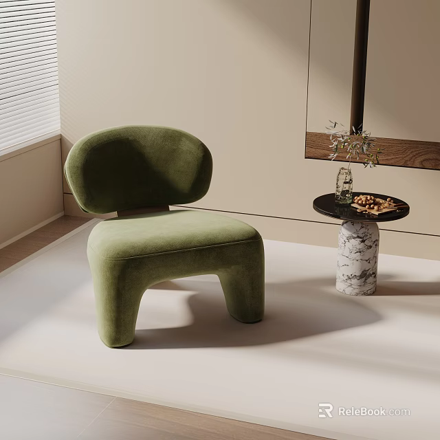 Modern Green Velvet Accent Chair with Curved Backrest and Marble Base Side Table 3d model 