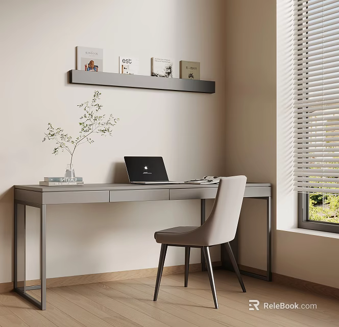 Minimalist Modern Workspace Interior With Gray Desk Laptop Green Plant Chair And Wall Shelf 3d model 