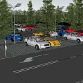 Ecological Parking Lot with Lush Trees Parked Colorful Cars Grid Paved Ground and Street Lamps