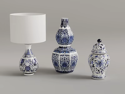 Blue and White Ceramic Vase Lamp and Jar with Intricate Floral Patterns 3d model